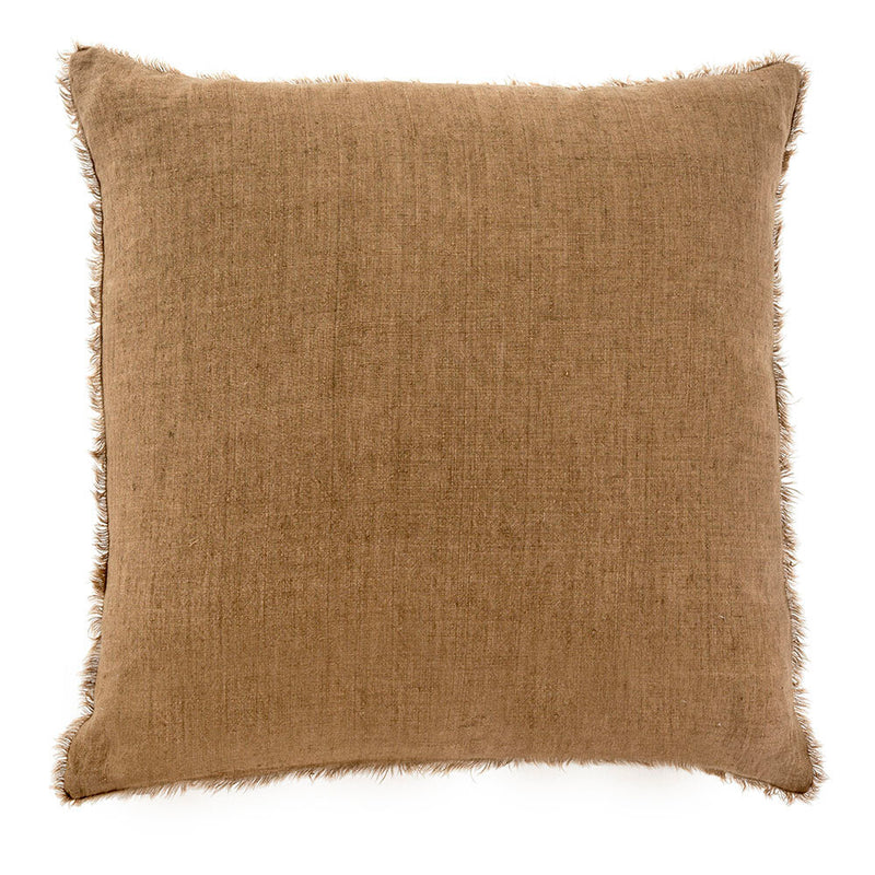 Classic linen pillow is updated with a frayed edge, making them beautiful standalone cushions or backdrops for layering. Complete with a premium feather down filler for fabulous fluff factor and comfort you'll want to sink your head into. hazelnut colour