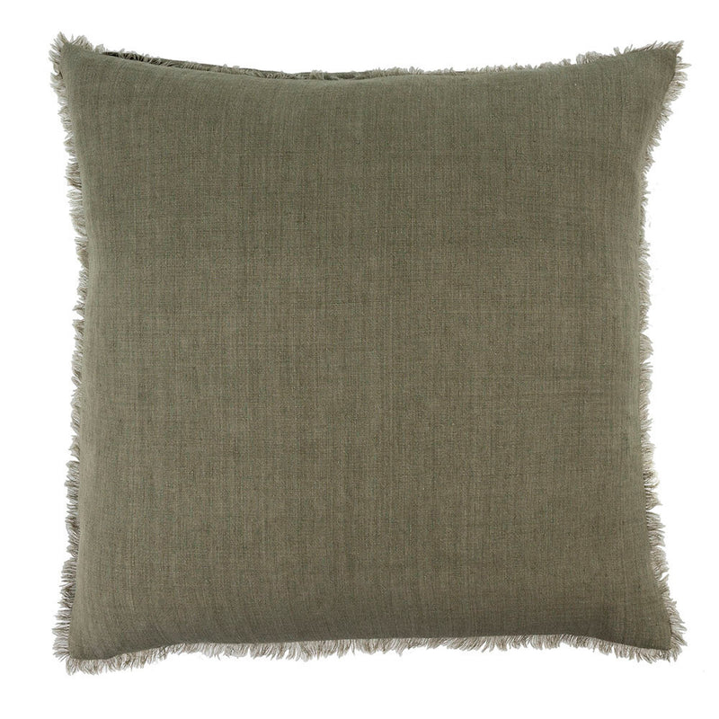 Classic linen pillow is updated with a frayed edge, making them beautiful standalone cushions or backdrops for layering. Complete with a premium feather down filler for fabulous fluff factor and comfort you'll want to sink your head into. greeny grey colour