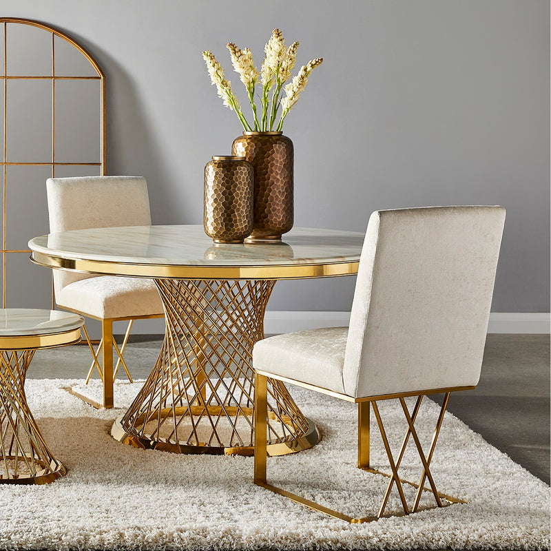 3. "Bailey Gold Dining Table featuring a spacious tabletop for family gatherings"