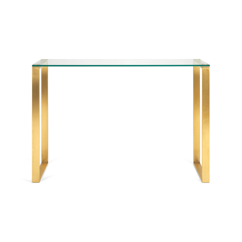 5. "Luxurious David Gold Console Table with Tempered Glass Top"