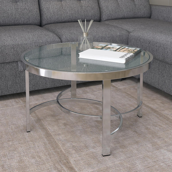 2. "Chrome Strata Coffee Table featuring unique layered pattern"