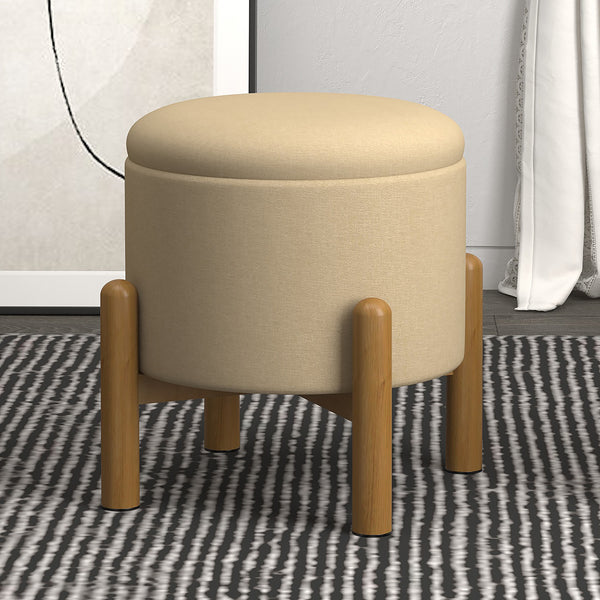 2. "Beige and Natural Round Storage Ottoman - Perfect for Small Spaces"