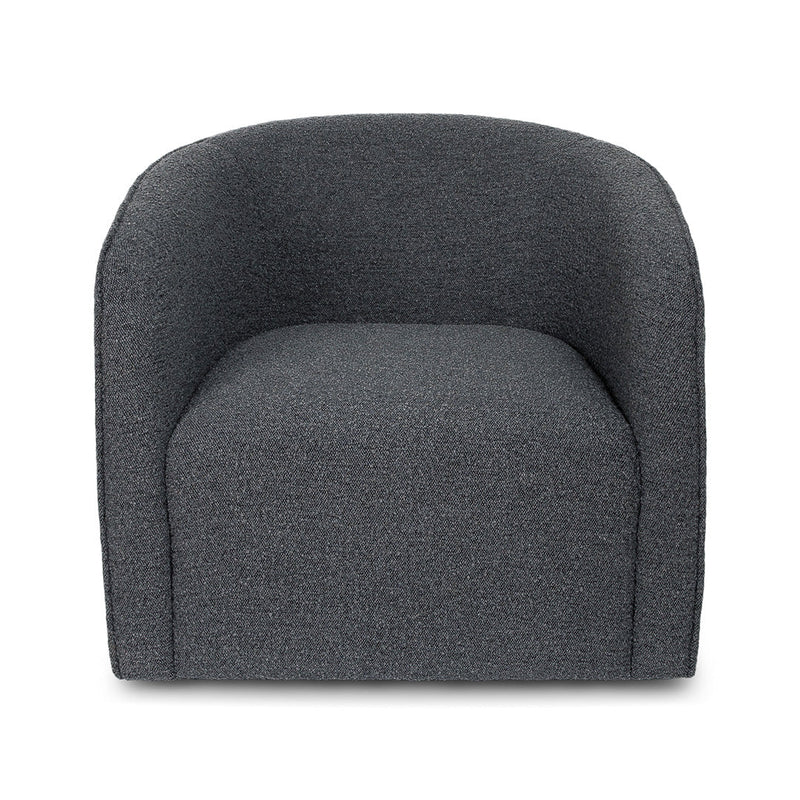  The Evita Swivel Chair in slate grey boucle. Its low profile makes it ideal for placement in a bedroom corner, a cozy reading nook, or as the perfect complement to your living room seating. Crafted in Europe and upholstered in a luxe boucle fabric, this barrel chair not only exudes sophistication but also boasts a hidden swivel base, allowing for subtle rotations around the room. Experience both style and functionality with this chic swivel chair designed to elevate the ambiance of any space in your home.