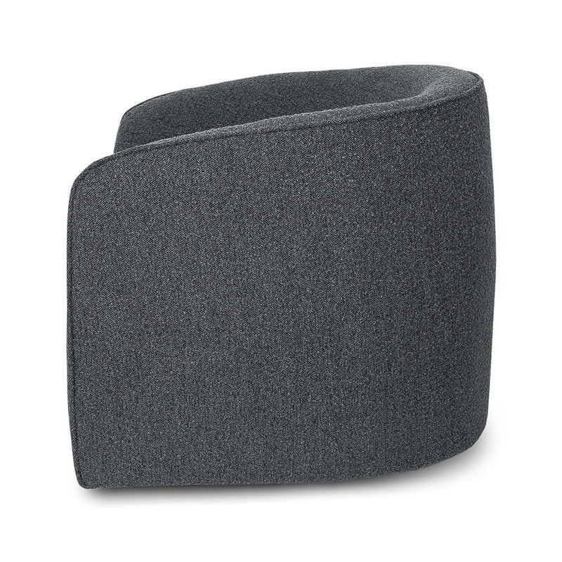  The Evita Swivel Chair in slate grey boucle. Its low profile makes it ideal for placement in a bedroom corner, a cozy reading nook, or as the perfect complement to your living room seating. Crafted in Europe and upholstered in a luxe boucle fabric, this barrel chair not only exudes sophistication but also boasts a hidden swivel base, allowing for subtle rotations around the room. Experience both style and functionality with this chic swivel chair designed to elevate the ambiance of any space in your home.