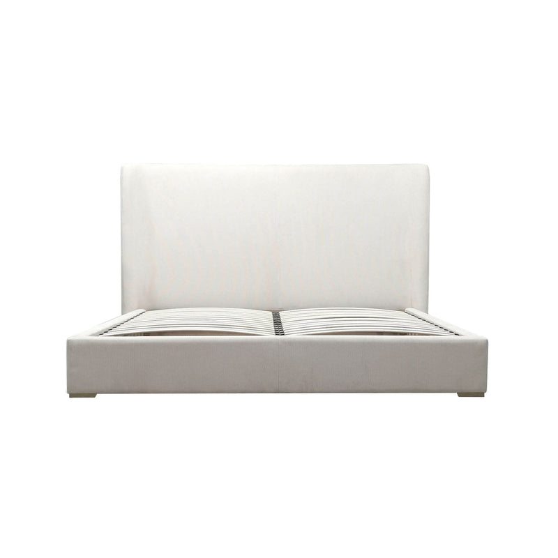 2. "Stylish Lara Queen Bed with upholstered frame and wooden legs"