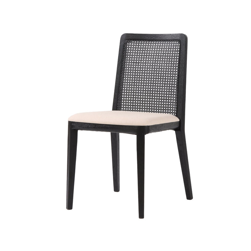 2. Stylish cane dining chair in oyster linen with black frame