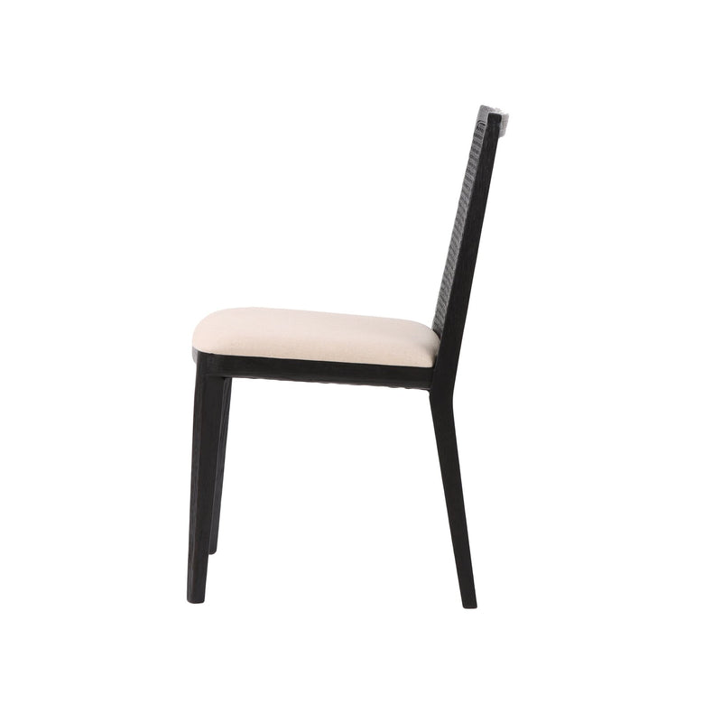 3. Oyster linen upholstered cane dining chair with black frame